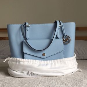 Sky blue, Leather, Jet Set Traveling Tote